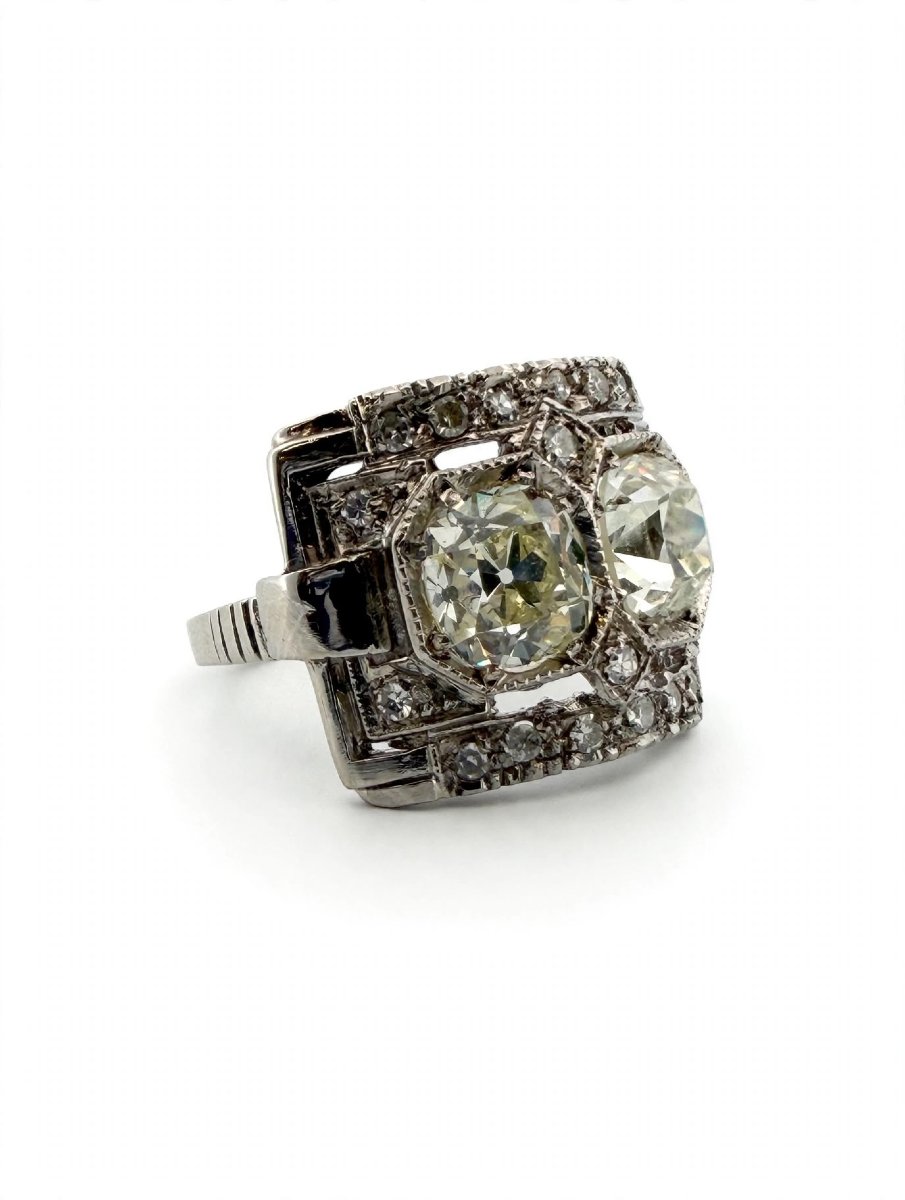 Art Deco Ring With Old Mine Cut Diamonds In 950 Platinum-photo-4