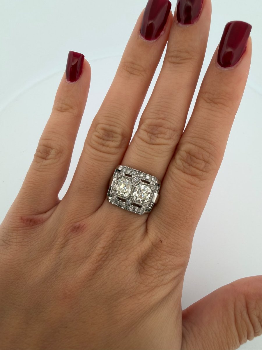 Art Deco Ring With Old Mine Cut Diamonds In 950 Platinum-photo-5