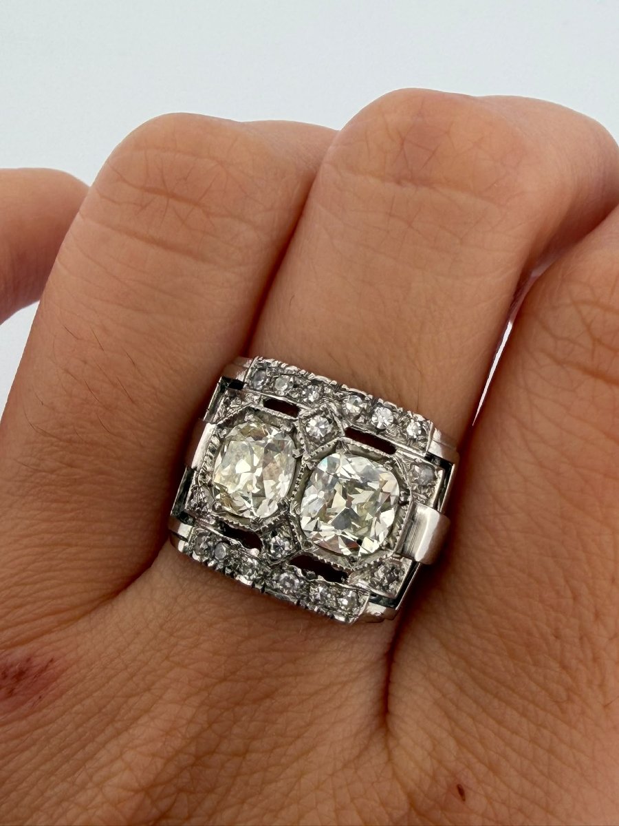 Art Deco Ring With Old Mine Cut Diamonds In 950 Platinum-photo-6