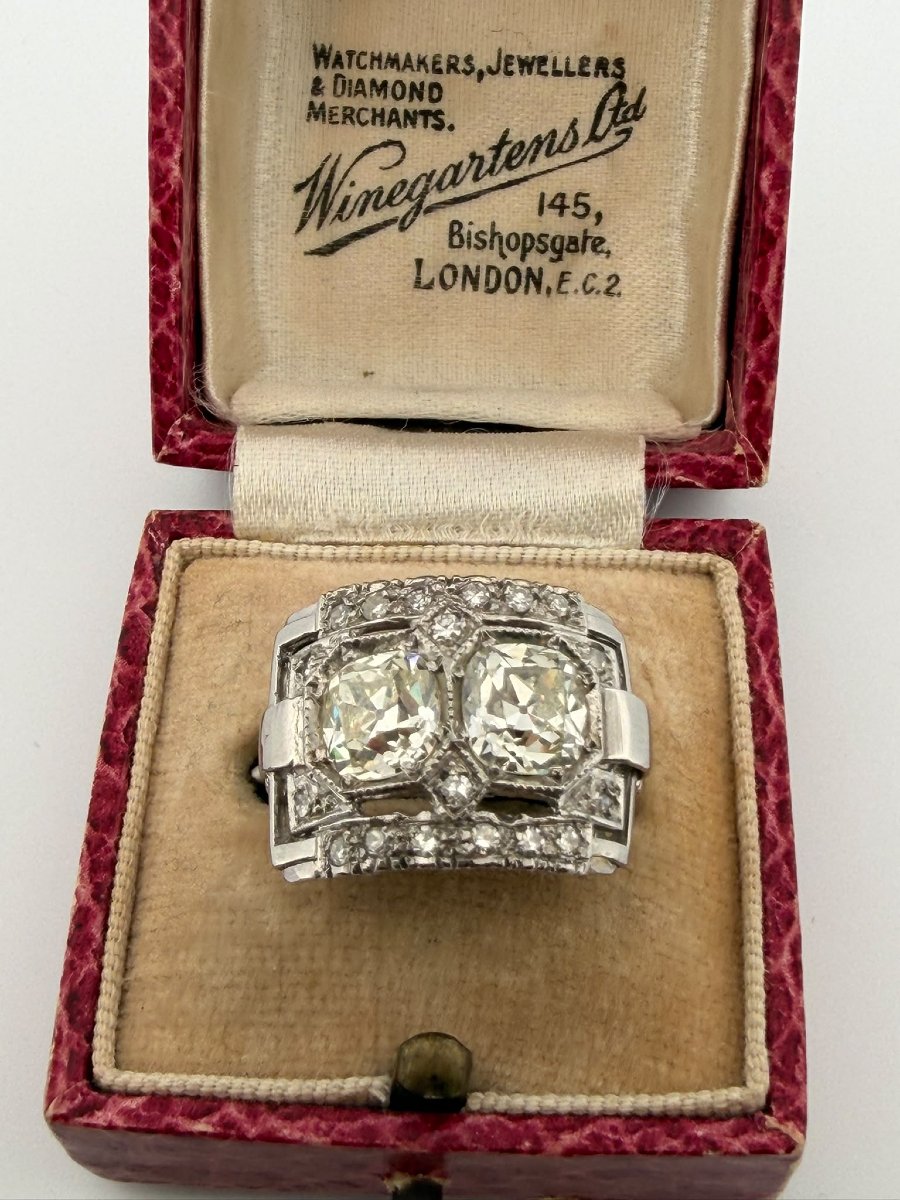 Art Deco Ring With Old Mine Cut Diamonds In 950 Platinum