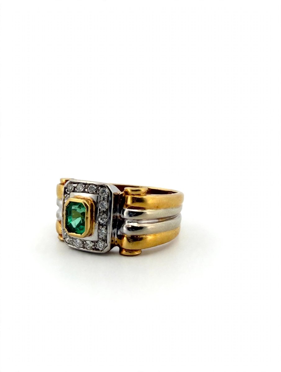 18k Yellow And White Gold Band Ring With Emerald And Diamonds-photo-2