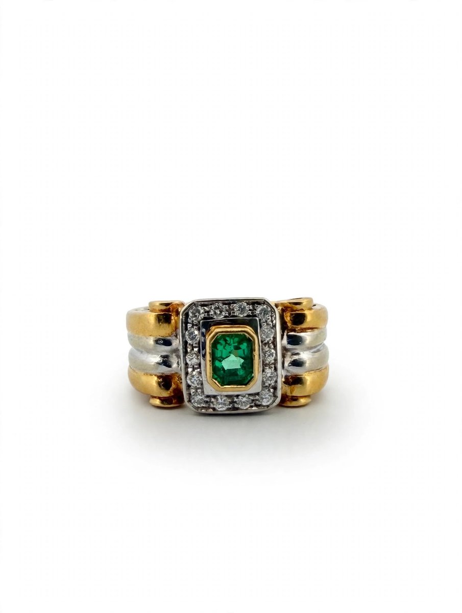 18k Yellow And White Gold Band Ring With Emerald And Diamonds-photo-3