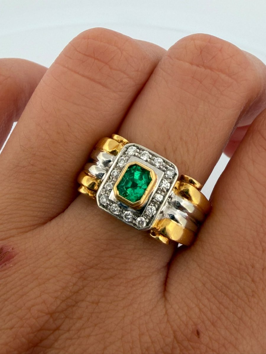 18k Yellow And White Gold Band Ring With Emerald And Diamonds-photo-5
