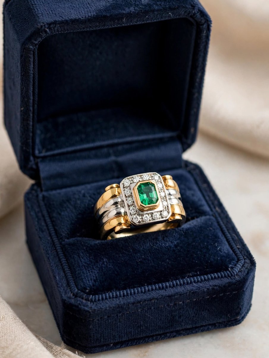 18k Yellow And White Gold Band Ring With Emerald And Diamonds