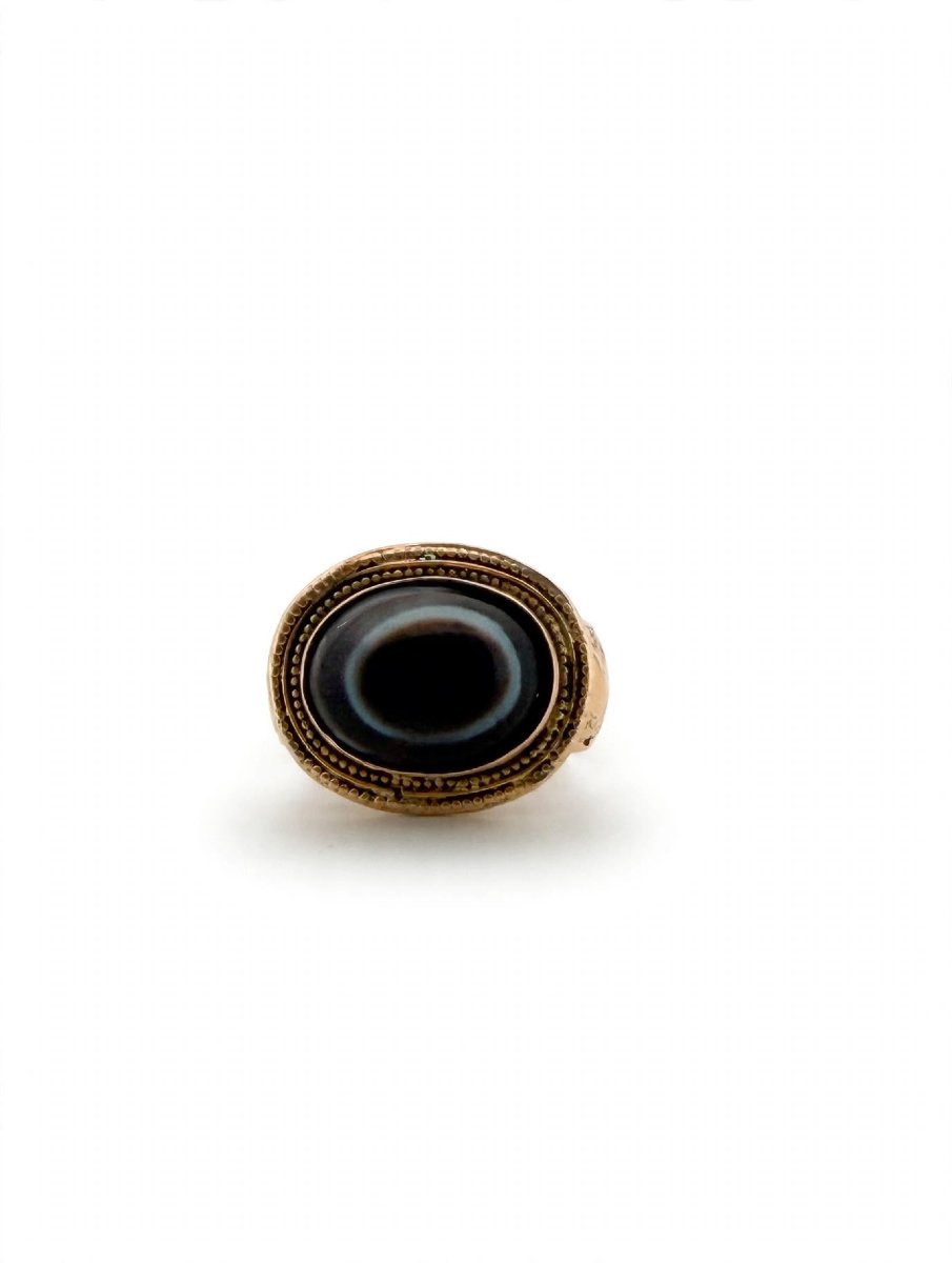 Bague Vintage Œil Tibétain avec Agate Noire et or gravé 18Kt-photo-3