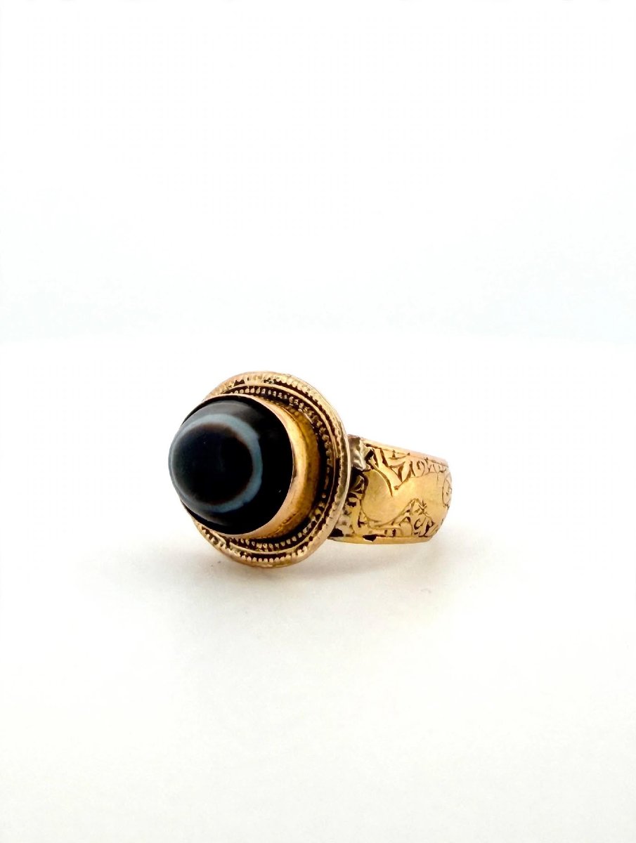 Bague Vintage Œil Tibétain avec Agate Noire et or gravé 18Kt-photo-4