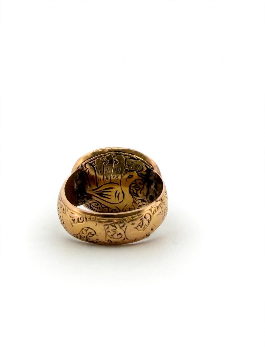 Bague Vintage Œil Tibétain avec Agate Noire et or gravé 18Kt-photo-3