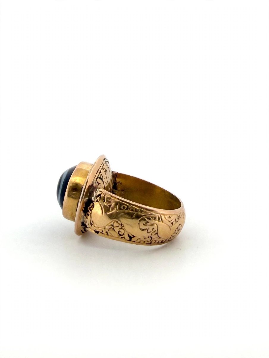 Bague Vintage Œil Tibétain avec Agate Noire et or gravé 18Kt-photo-4