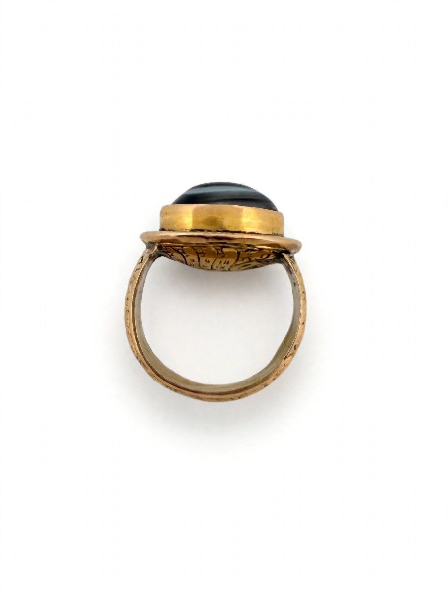 Bague Vintage Œil Tibétain avec Agate Noire et or gravé 18Kt-photo-5