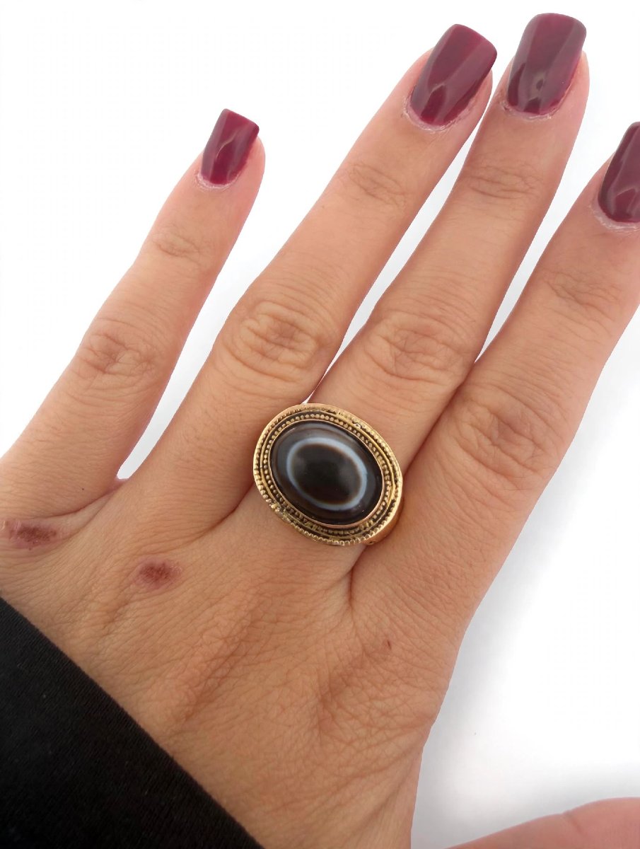 Bague Vintage Œil Tibétain avec Agate Noire et or gravé 18Kt-photo-6