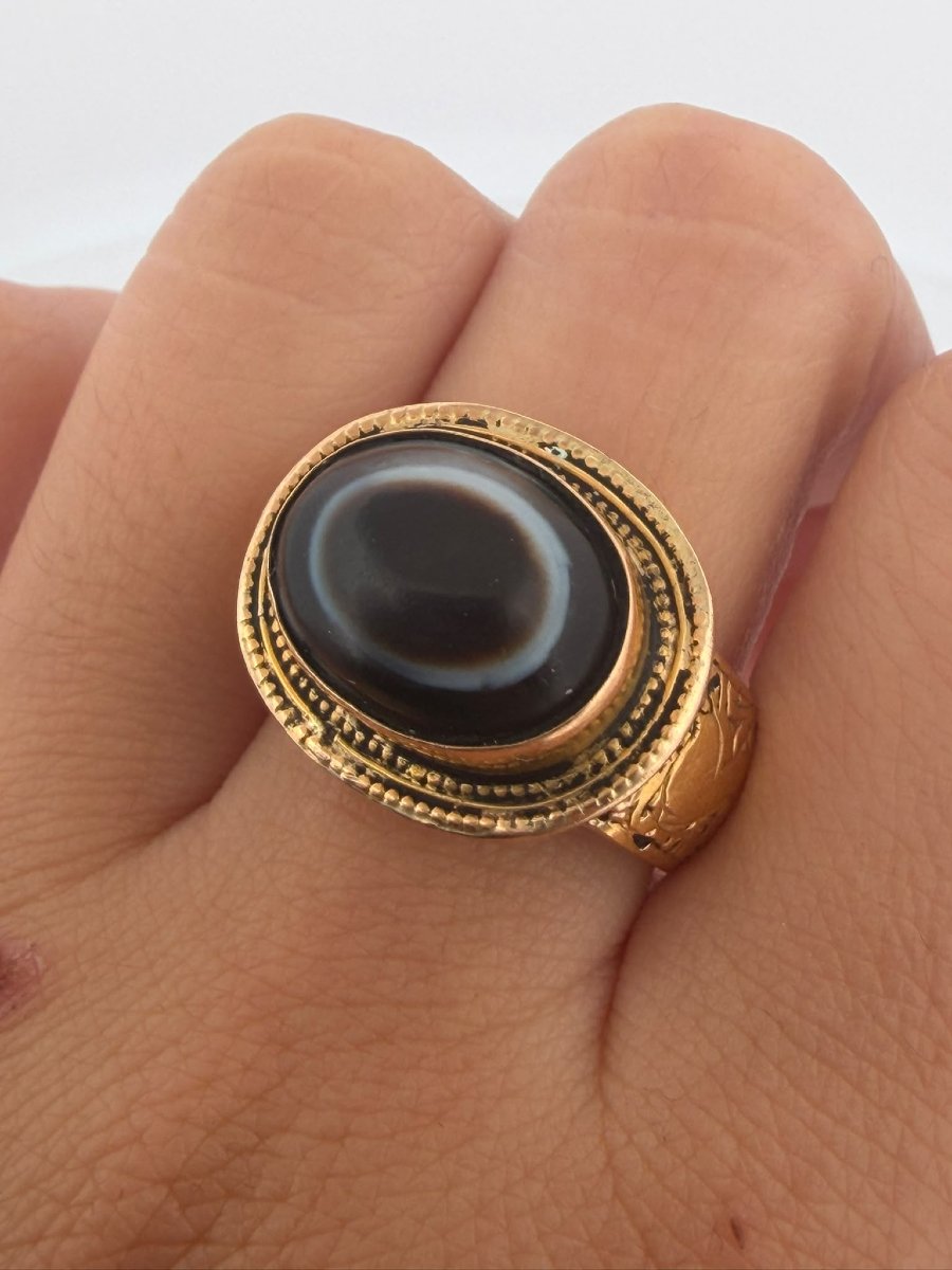 Bague Vintage Œil Tibétain avec Agate Noire et or gravé 18Kt-photo-8