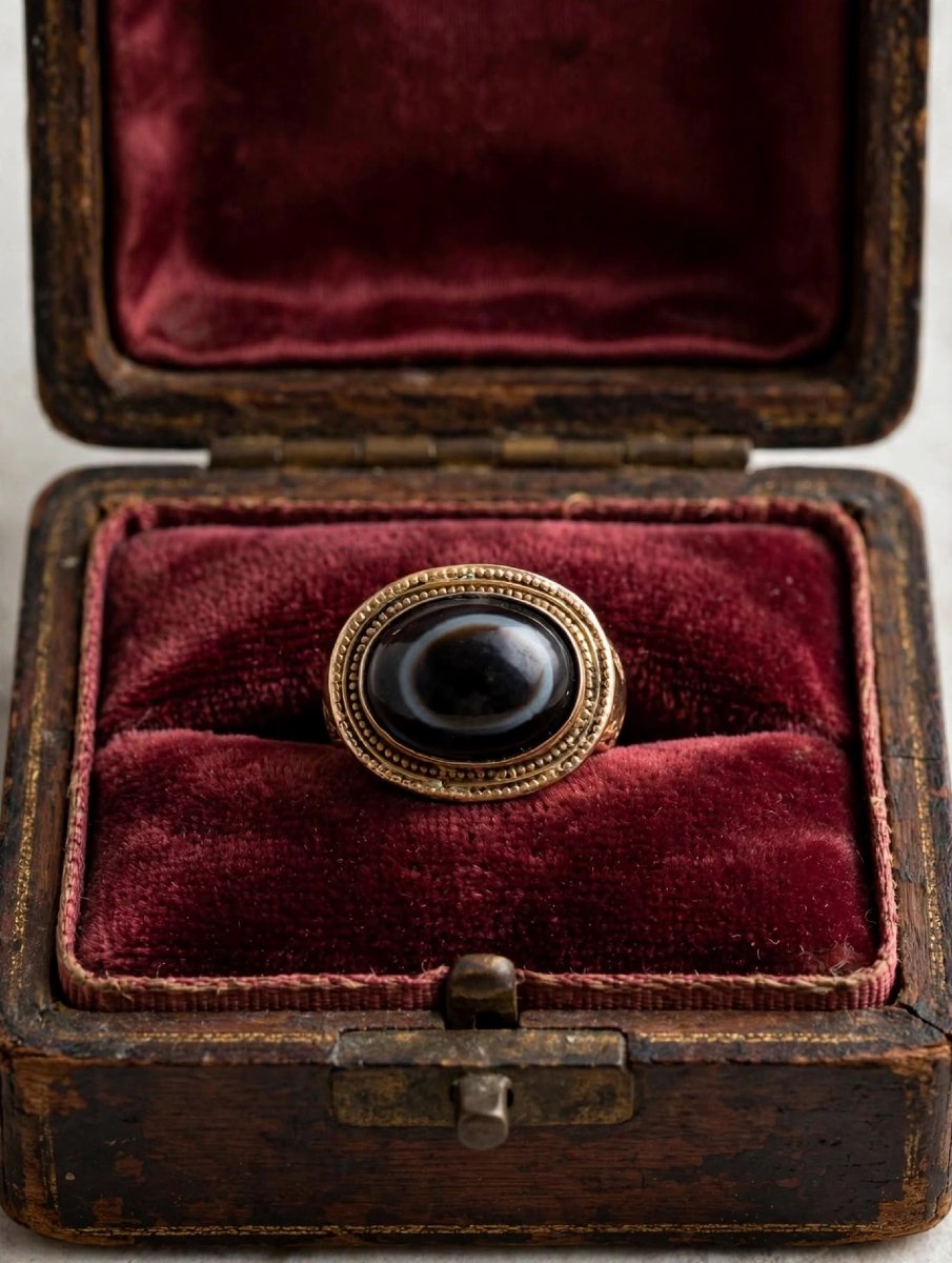 Bague Vintage Œil Tibétain avec Agate Noire et or gravé 18Kt