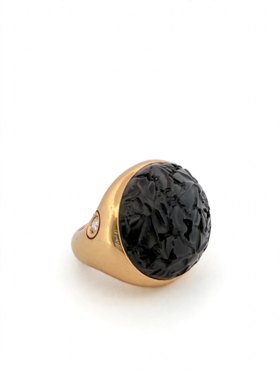 Bague en or 18Kt Pomellato modèle Victoria Jet sculpté à la main et diamant latéral-photo-3