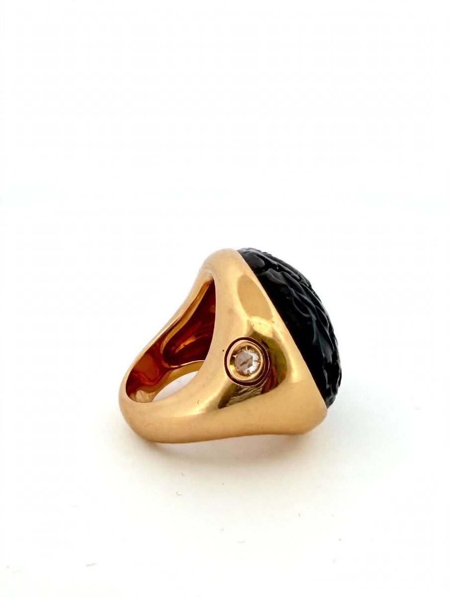 Bague en or 18Kt Pomellato modèle Victoria Jet sculpté à la main et diamant latéral-photo-2