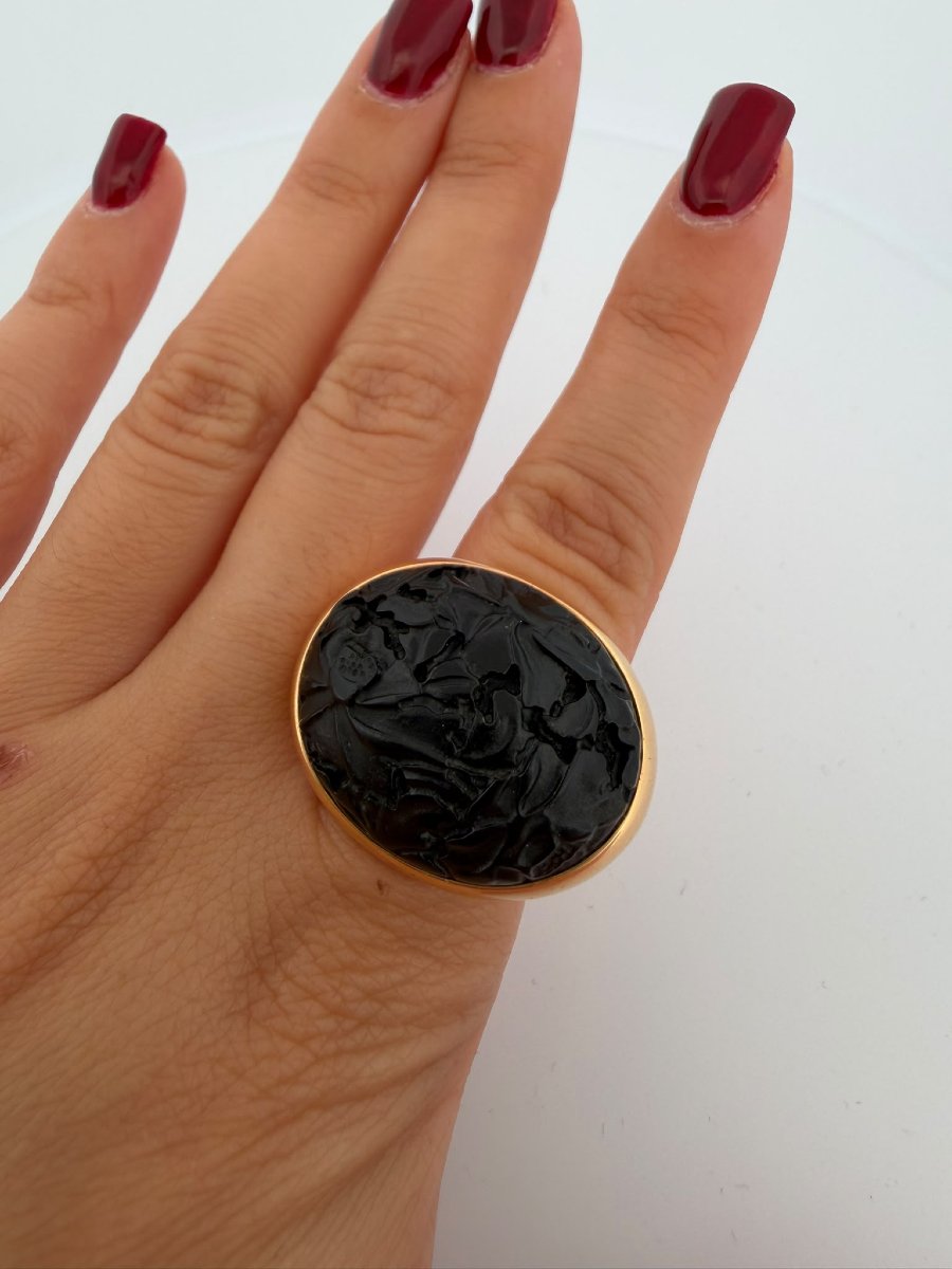 Bague en or 18Kt Pomellato modèle Victoria Jet sculpté à la main et diamant latéral-photo-6