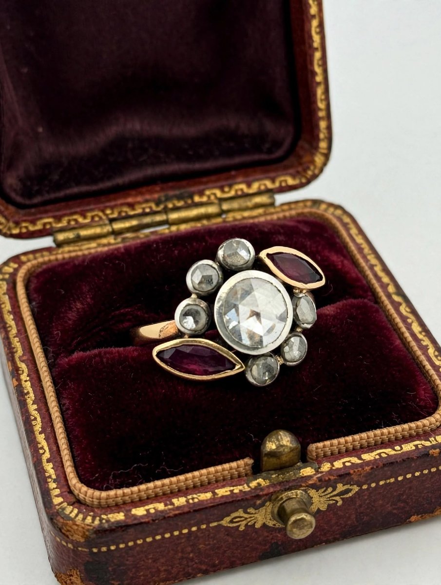 Antique 18k Gold Cluster Ring With A Central Diamond And Navette-cut Rubies