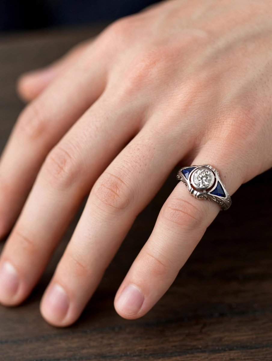 18k White Gold Art Deco Ring With An Old European Cut Diamond And Sapphires-photo-4