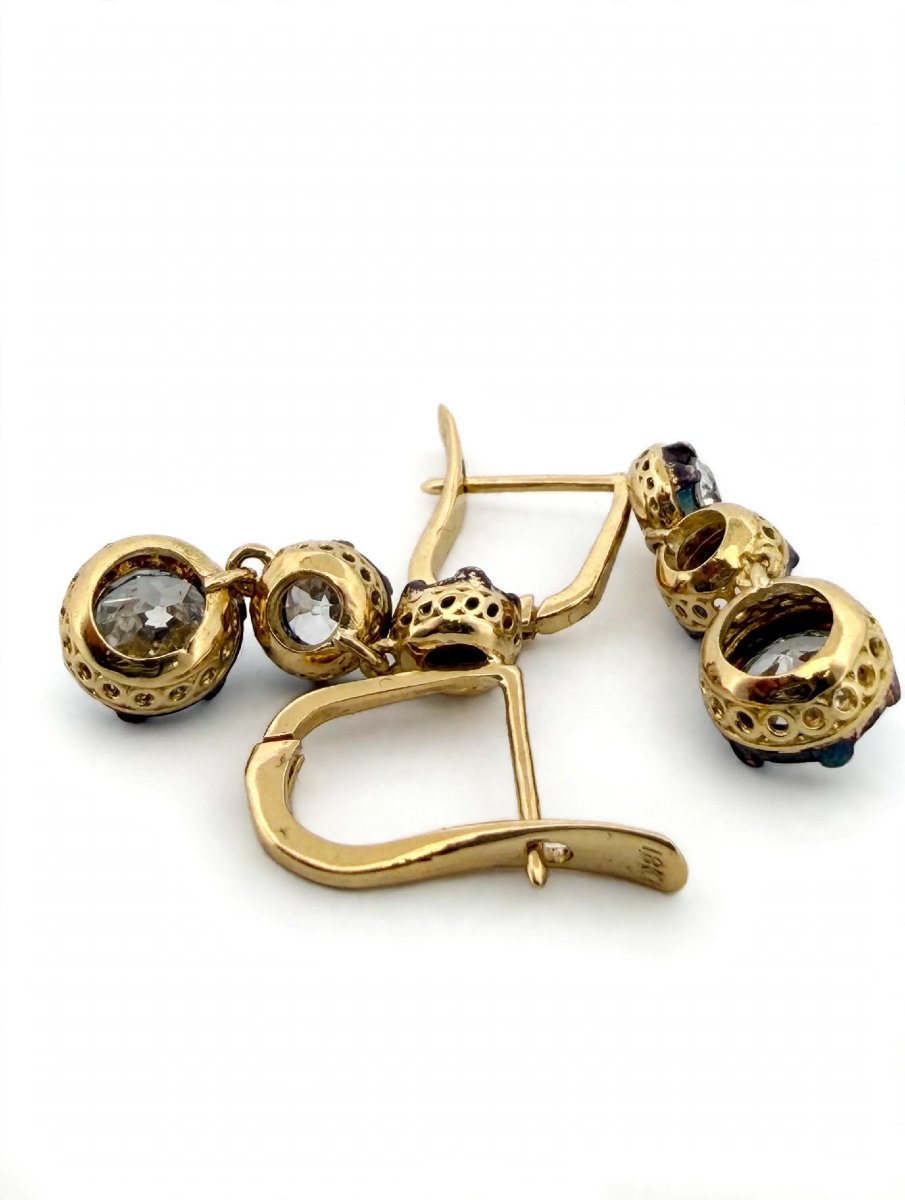 Antique 18k Gold Dangle Earrings With 3 Diamonds-photo-3