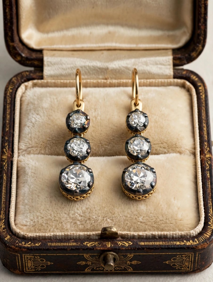 Antique 18k Gold Dangle Earrings With 3 Diamonds
