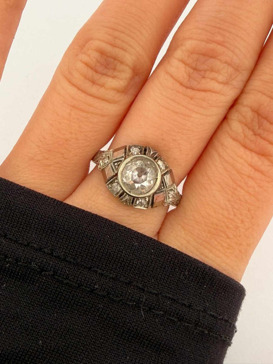 Antique 18k White Gold Ring With Old Mine Cut Diamonds-photo-6