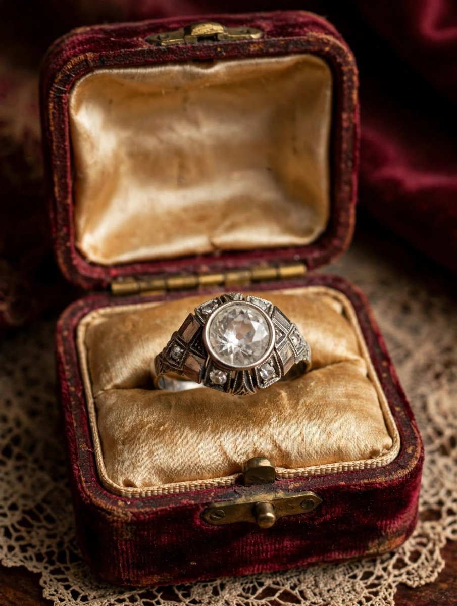 Antique 18k White Gold Ring With Old Mine Cut Diamonds