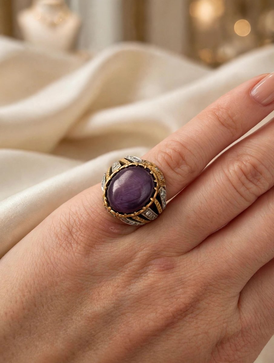 Bague cocktail en or jaune et blanc 18Kt avec saphir étoilé et diamants-photo-4