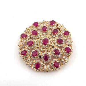 18kt Yellow Gold 60' Brooch With Rubies And Diamonds