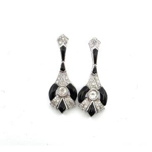 Boucles d’oreilles art déco années 30 en or blanc 18kt avec diamants et onyx