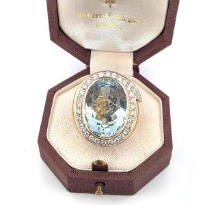 Bague en or jaune 18kt avec aquamarine et diamants