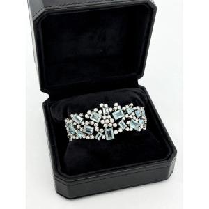 1960s 18k White Gold Bracelet With Diamonds And Aquamarine