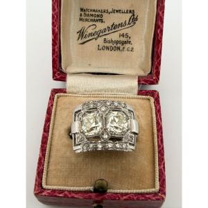 Bague Art Déco avec Diamants Old Mine Cut en Platine 950