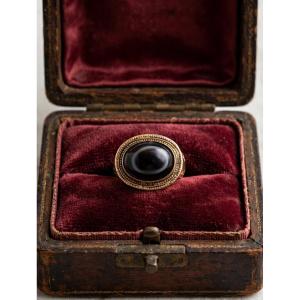 Vintage Tibetan Eye Ring With Black Agate And Engraved 18k Gold