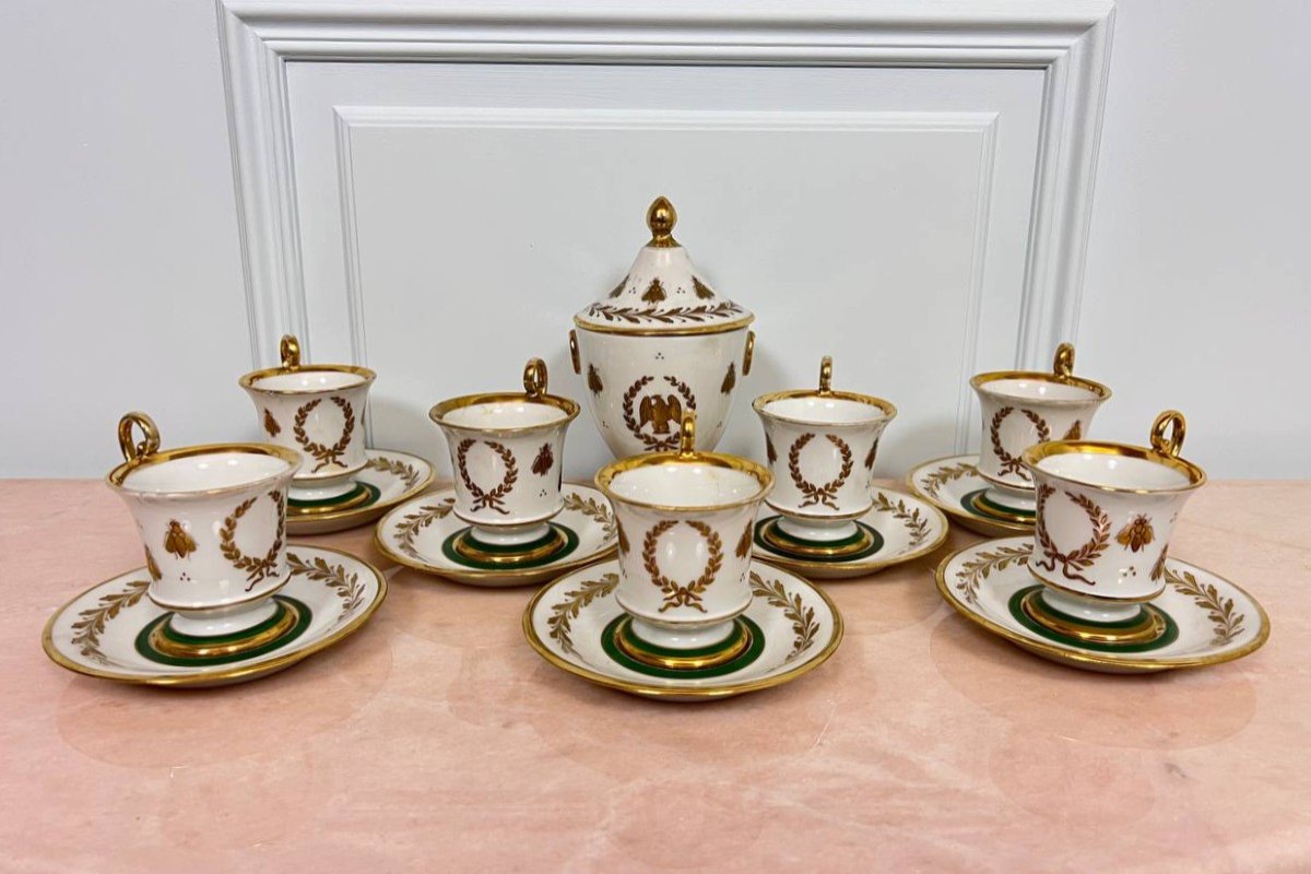 Coffee Cups With Empire Napoleon Sugar Bowl Decorated With Fine Gold Bees 