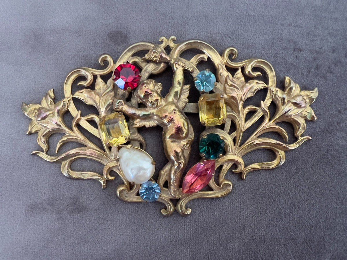 Neo-renaissance Bronze Brooch Putto Angelot
