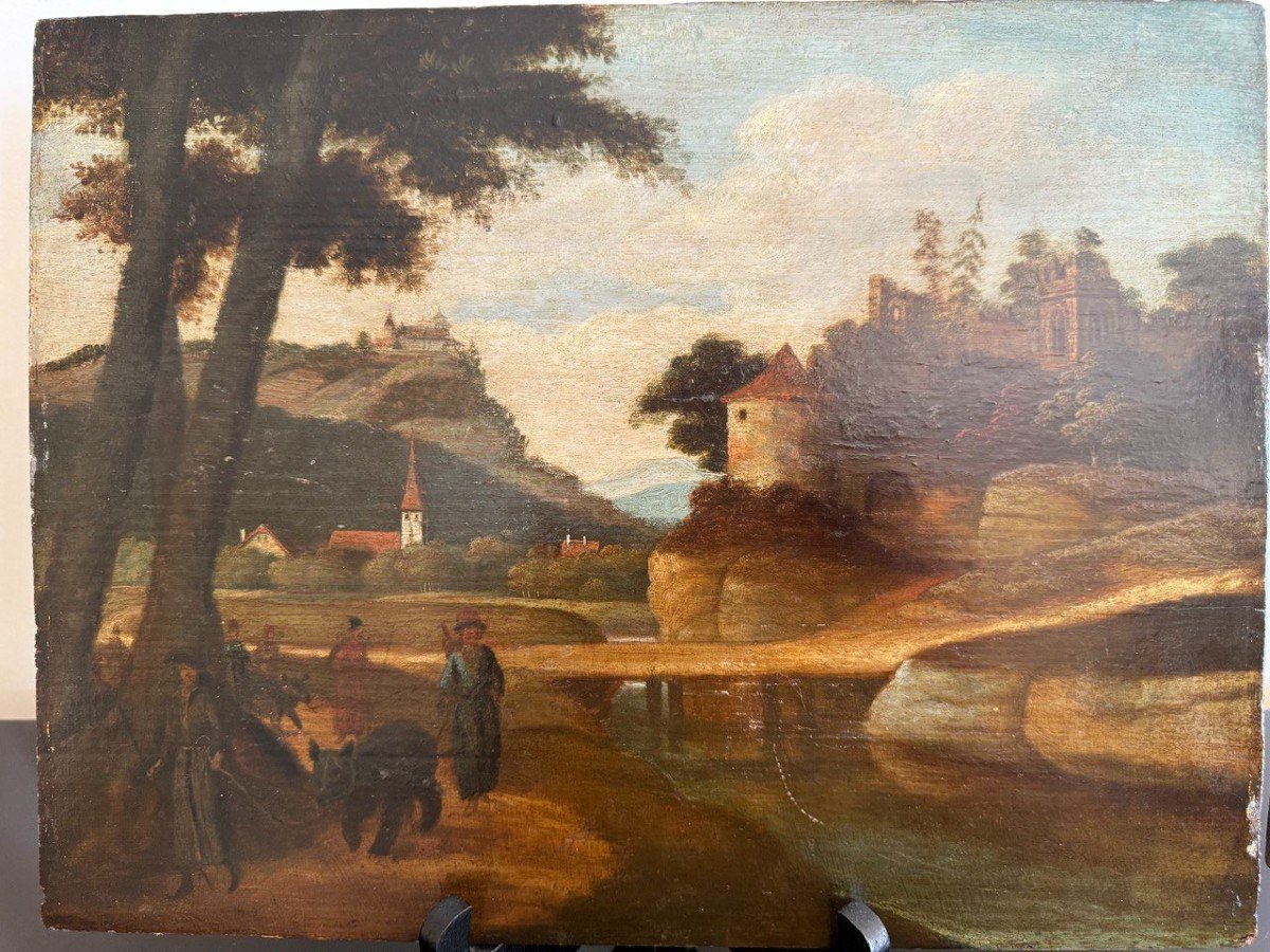 Ecole Flamande, Du 18 ème Siècle "Paysage Animé" Panneaux-photo-1
