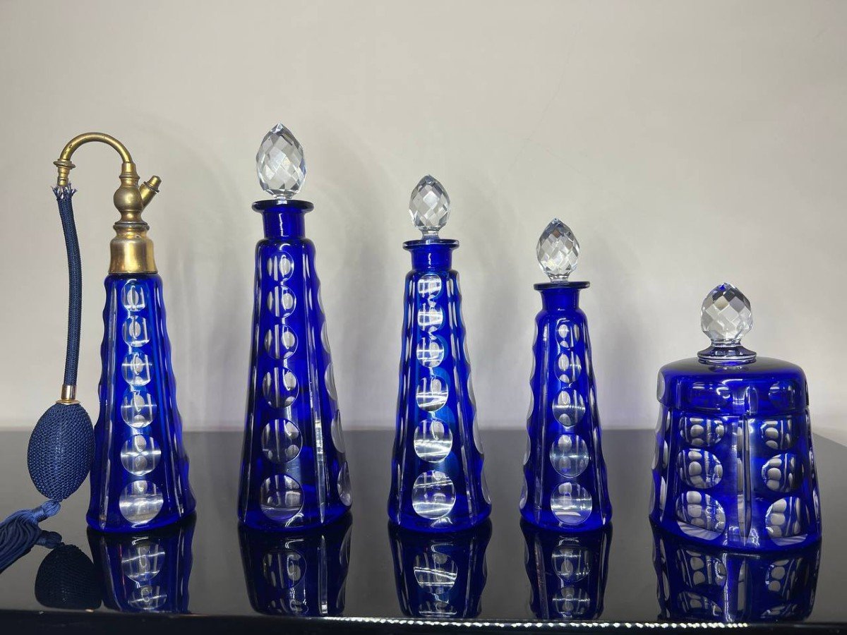 Ensemble De Toilette 5 Pièces En Cristal Bleu Cobalt Taillé-photo-3