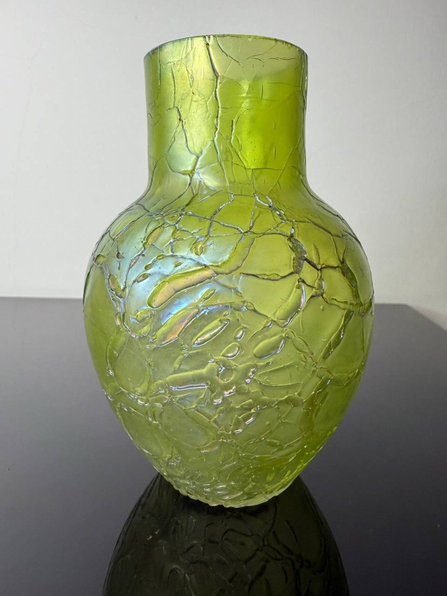 Petit Vase En Verre Craquelé Vert Irisé Kralik-photo-5