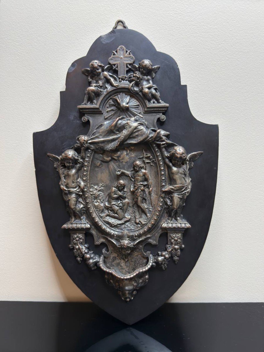 Silver-plated Bronze Holy Water Font Representing The Baptism Of Jesus.