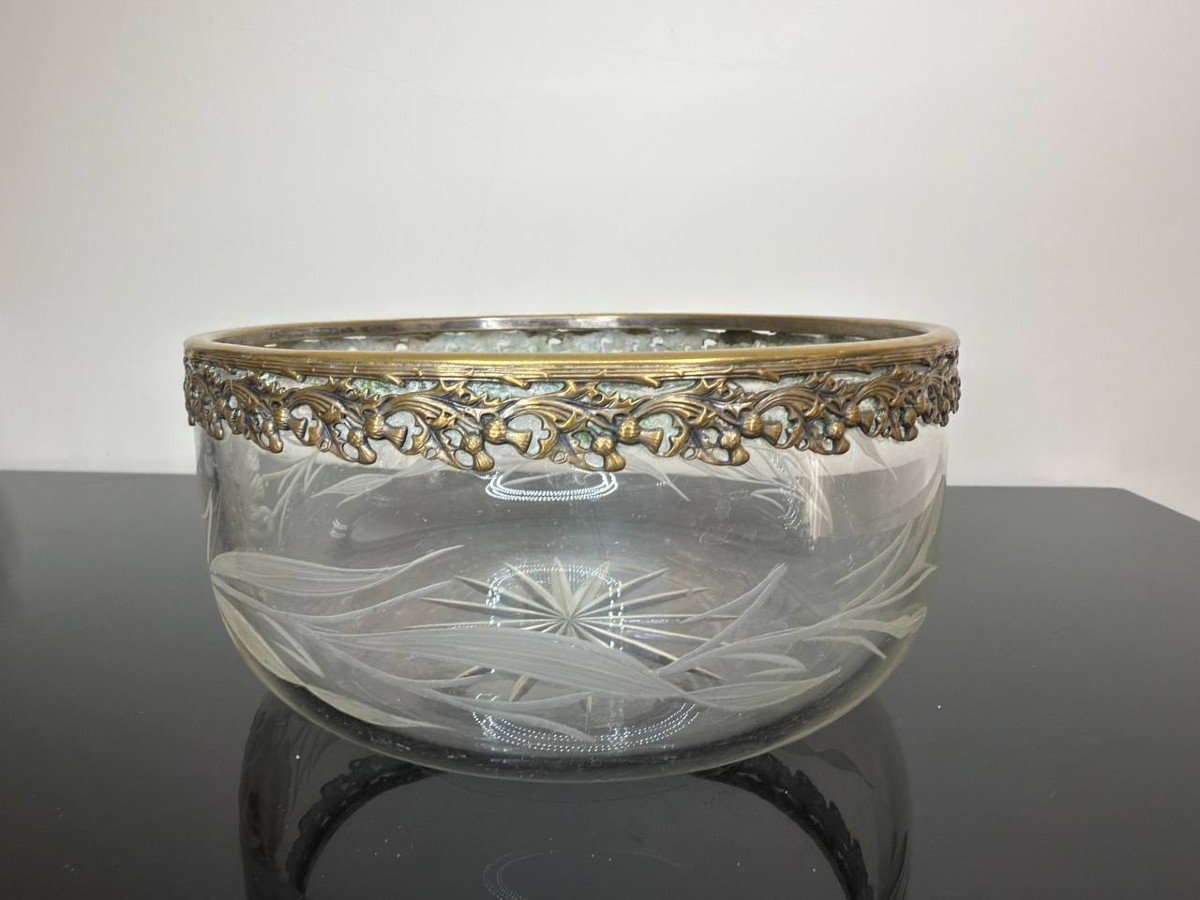 Crystal Bowl Or Salad Bowl Engraved With Flowers And Foliage, Bronze Circle, 19th Century-photo-4