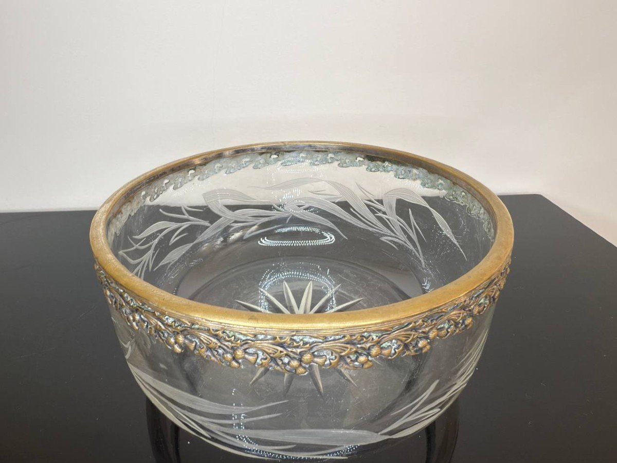 Crystal Bowl Or Salad Bowl Engraved With Flowers And Foliage, Bronze Circle, 19th Century-photo-4