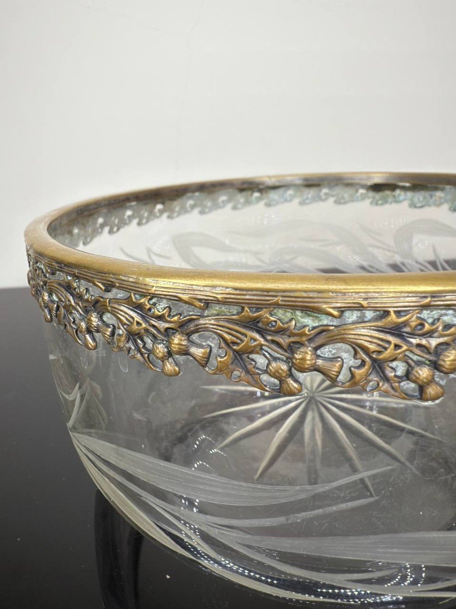 Crystal Bowl Or Salad Bowl Engraved With Flowers And Foliage, Bronze Circle, 19th Century-photo-5