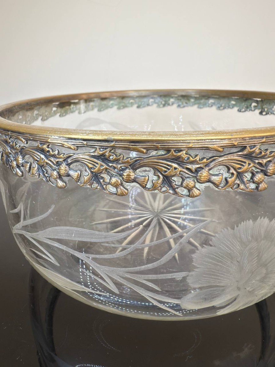 Crystal Bowl Or Salad Bowl Engraved With Flowers And Foliage, Bronze Circle, 19th Century-photo-6