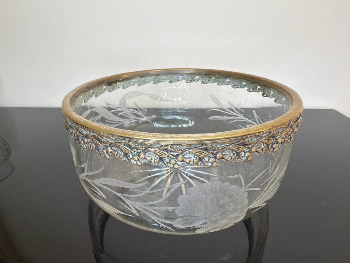 Crystal Bowl Or Salad Bowl Engraved With Flowers And Foliage, Bronze Circle, 19th Century