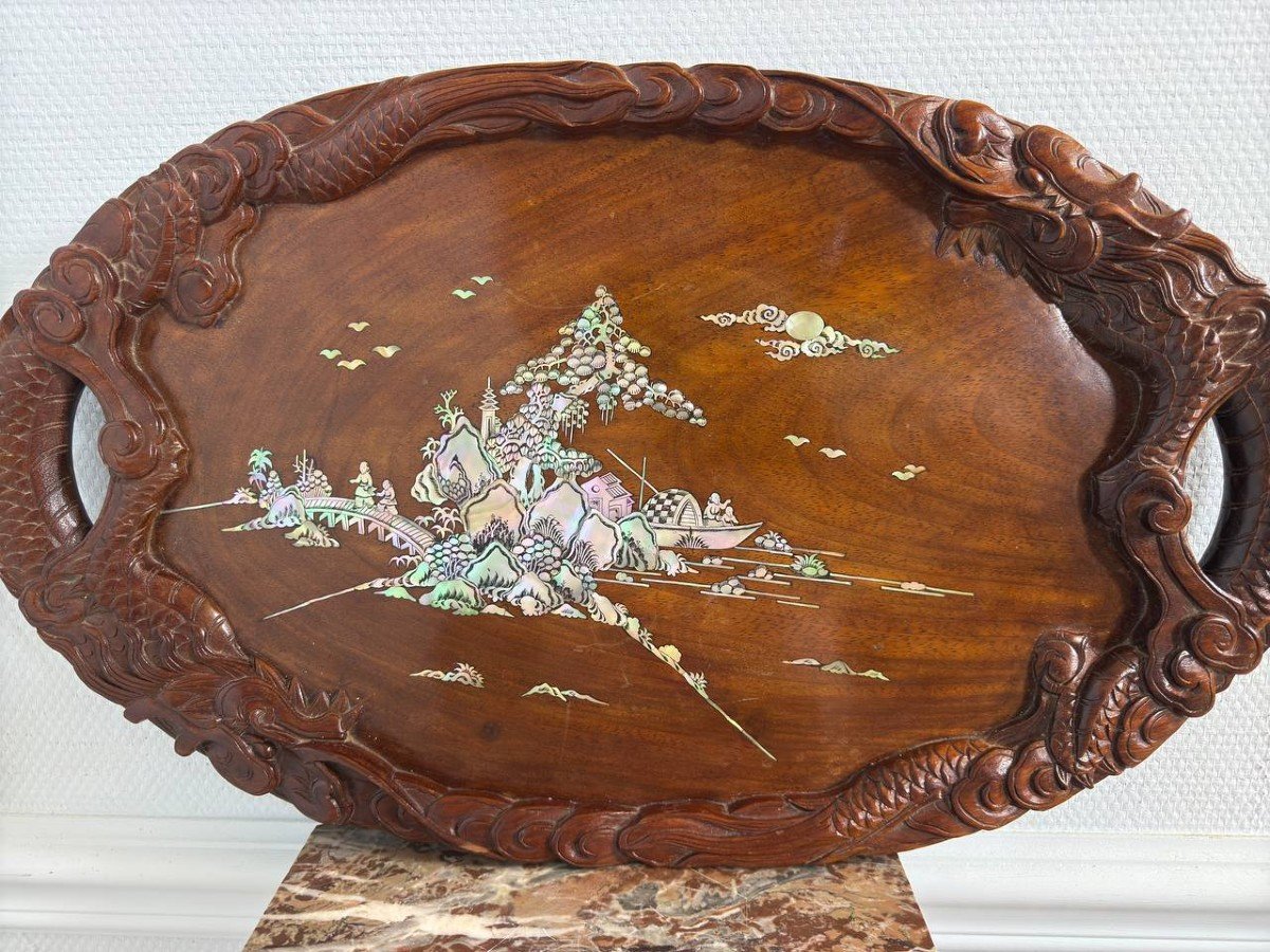 Plateau En Bois, Dragons , Incrustations De Nacre , Indochinois .-photo-2
