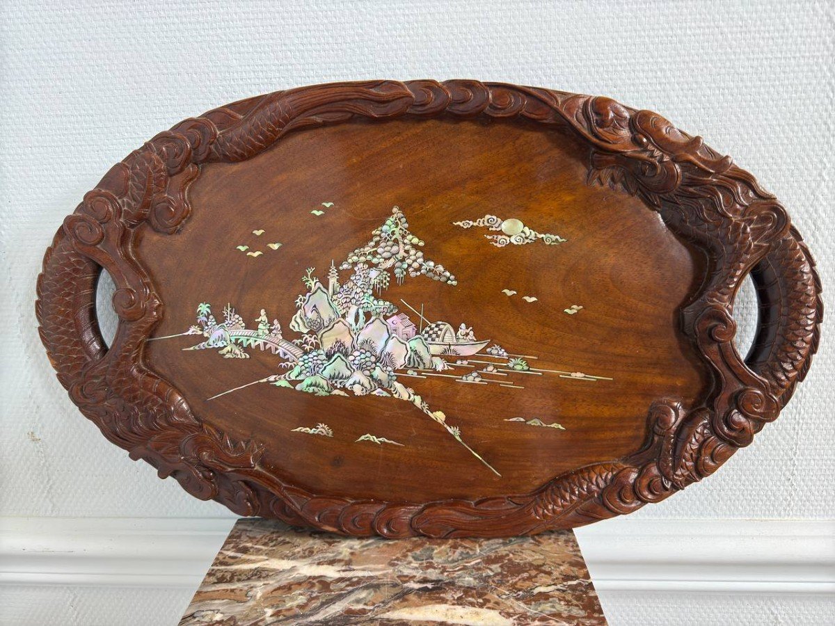 Plateau En Bois, Dragons , Incrustations De Nacre , Indochinois .-photo-4