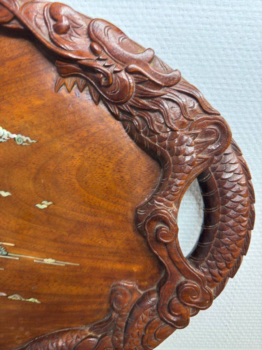 Plateau En Bois, Dragons , Incrustations De Nacre , Indochinois .-photo-2