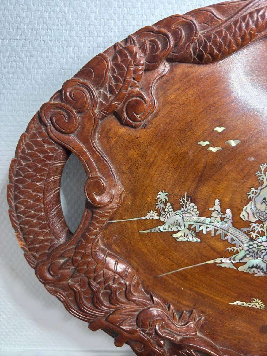 Plateau En Bois, Dragons , Incrustations De Nacre , Indochinois .-photo-3