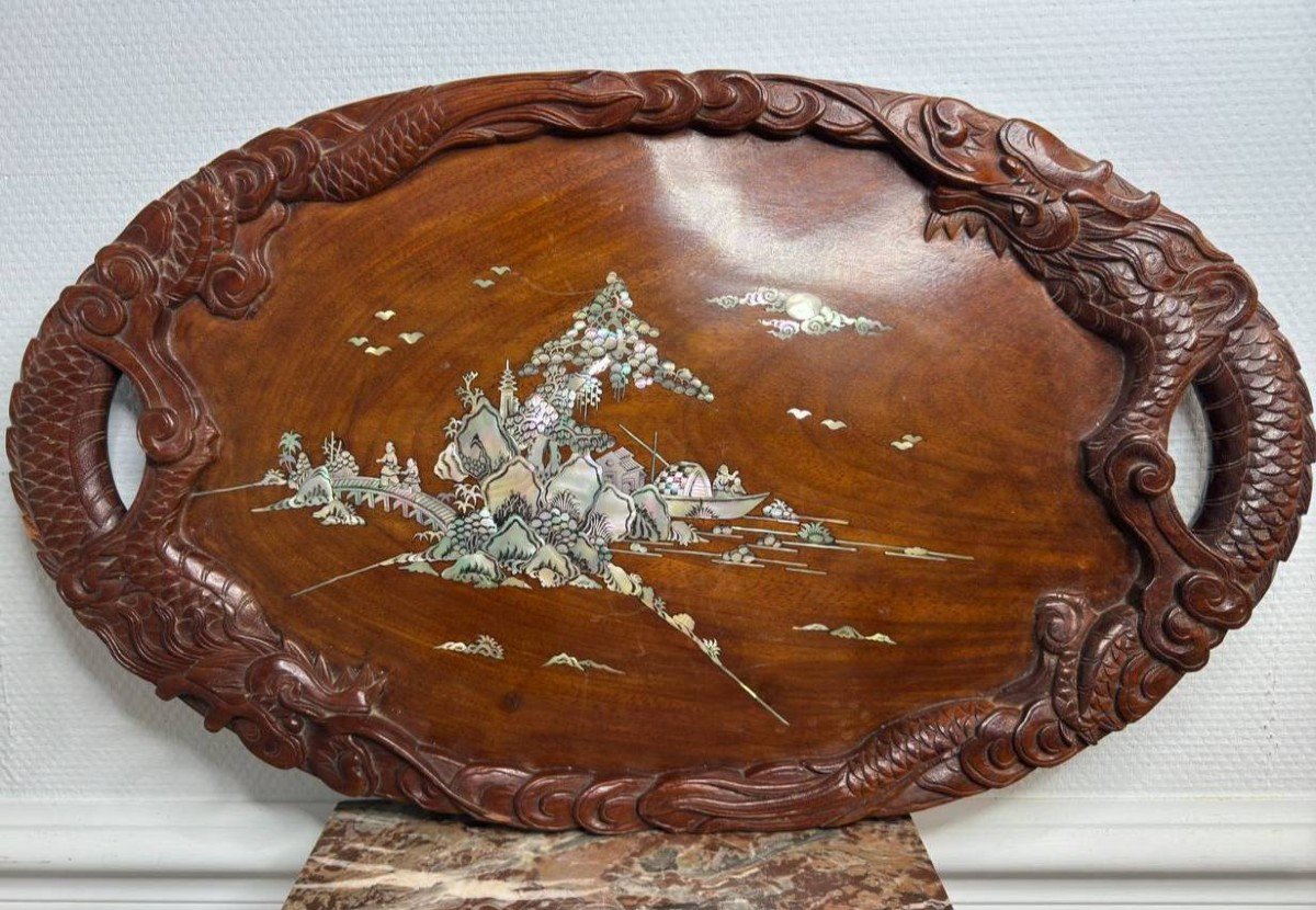 Plateau En Bois, Dragons , Incrustations De Nacre , Indochinois .