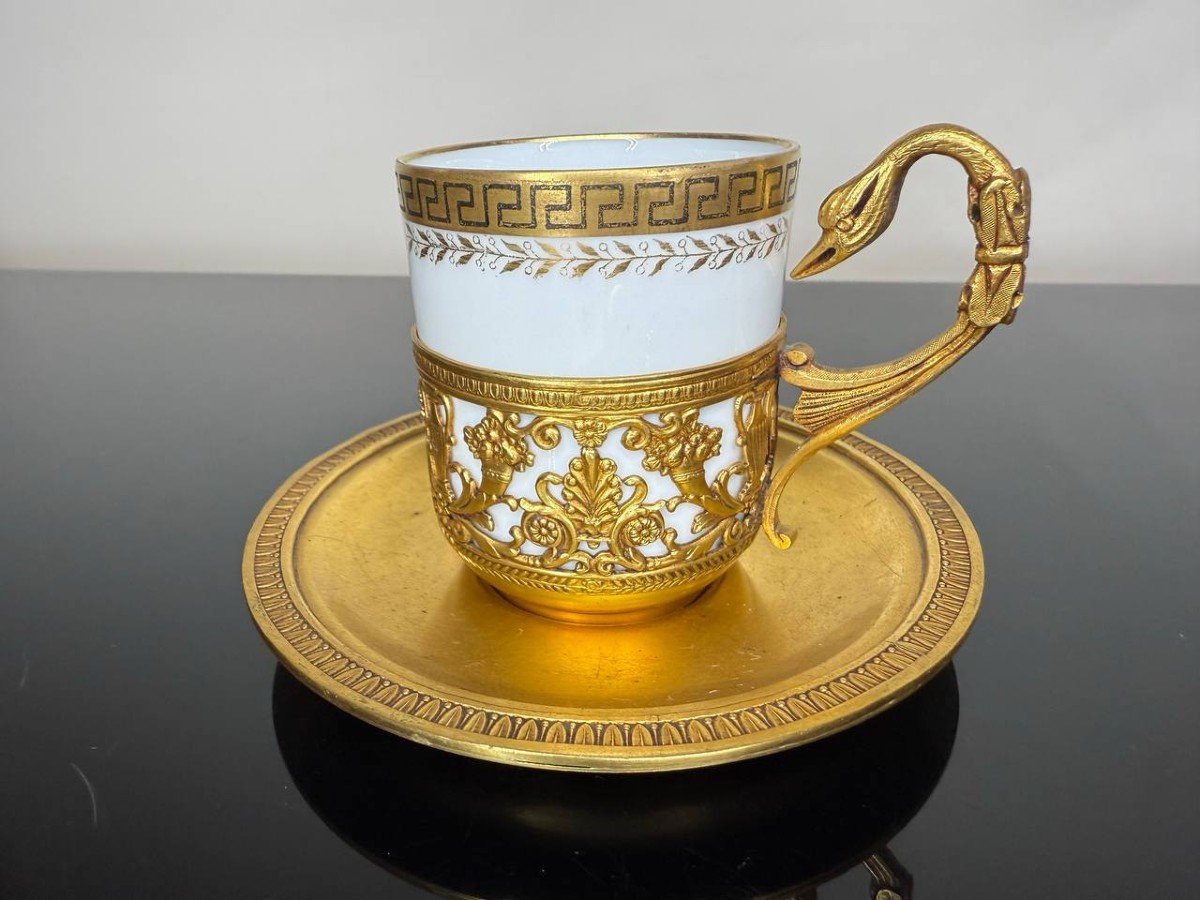 Coffee Cup, Limoges Porcelain, Gilded Metal Frame From Durousseau Goldsmiths-photo-4