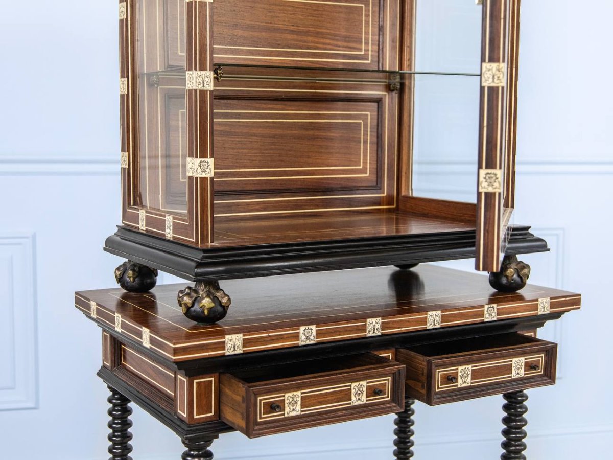Baroque Style Wooden Display Cabinet With Marquetry And Engraved Ivory Plaques-photo-3